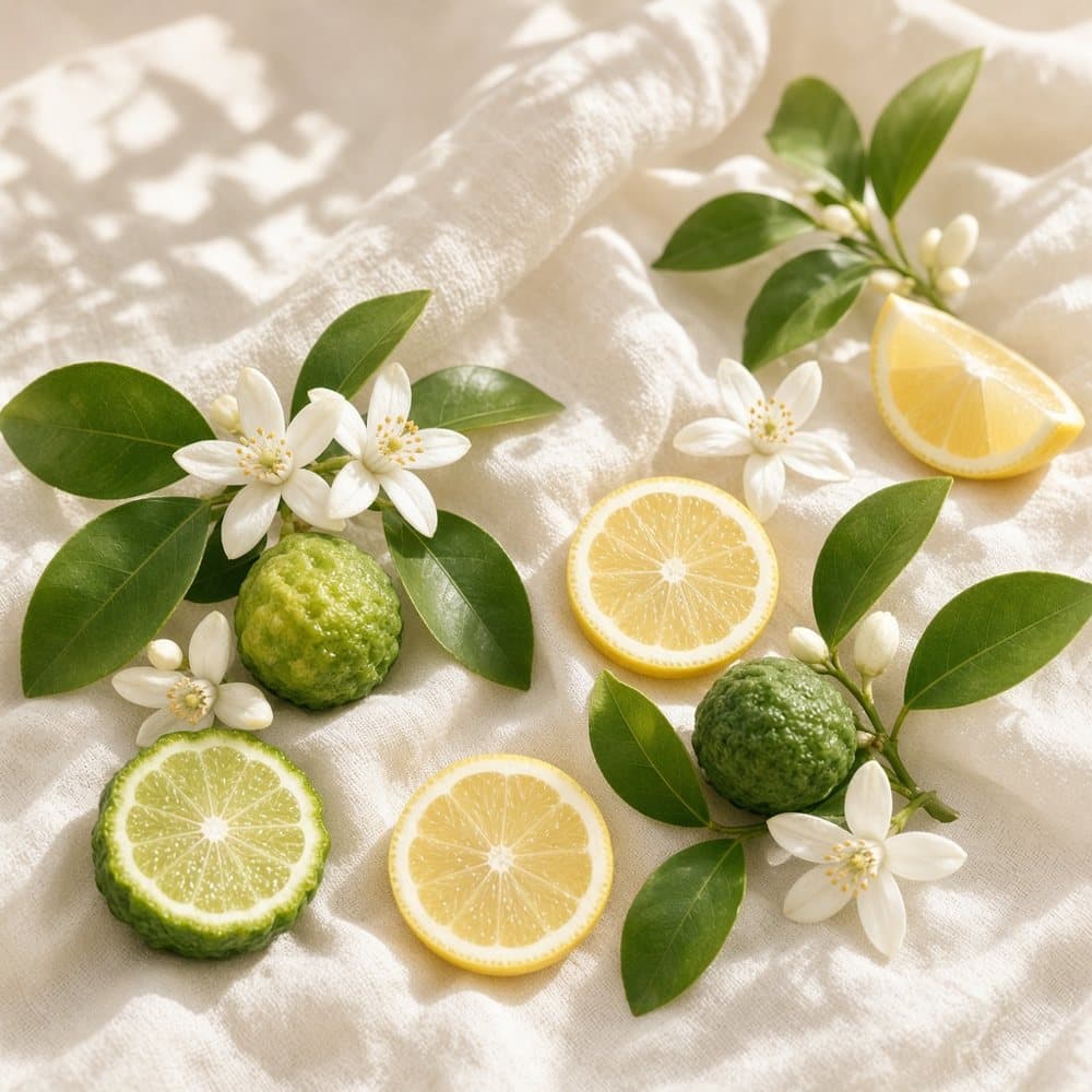 Bergamot, lemon and orange blossom on linen